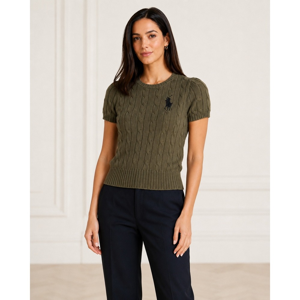 Polo Ralph Lauren Cable Knit Sweater Womens Small Olive Green Pima Cotton Beaded